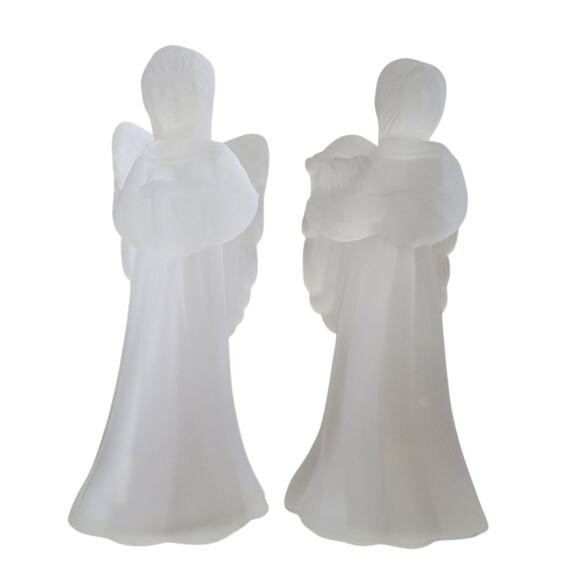 Set of 2 Frosted Christmas Angels Playing Harp Caroling Book Tea Light Decor - Picture 2 of 8